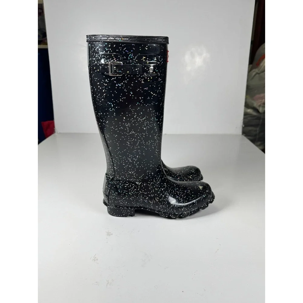Hunter Girls US 4B Black Giant Glitter Round Toe Pull On Mid Calf Rain Boots